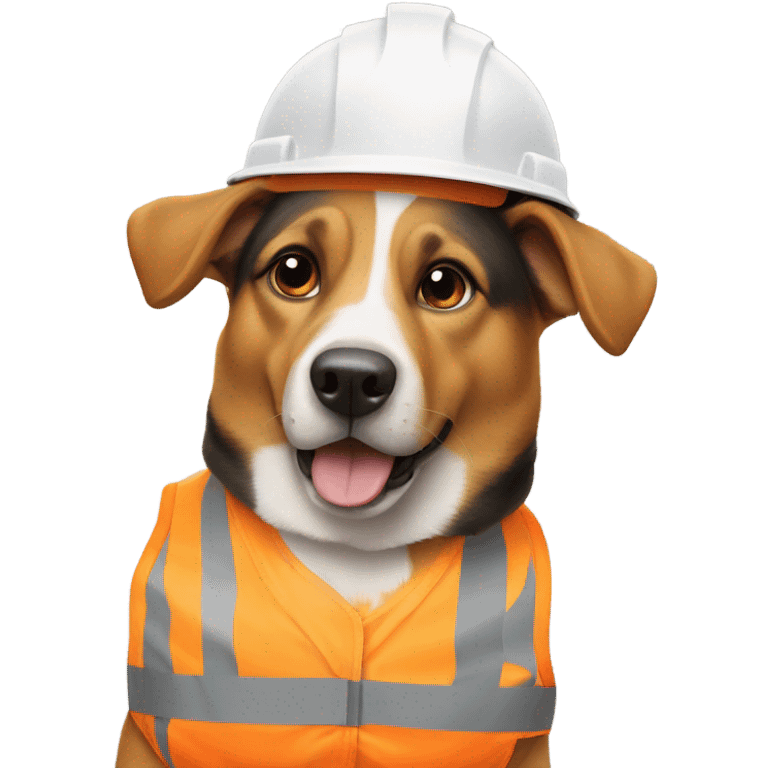 Dog with a protective helmet and safety vest working in construction. emoji