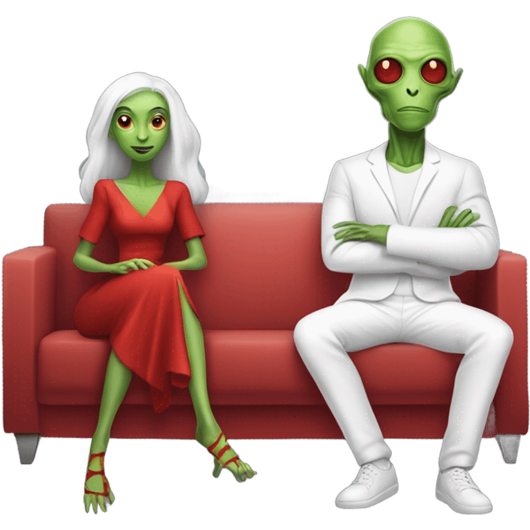 alien reptilian woman in red dress, normal human male in white dress, sitting on a couch  emoji