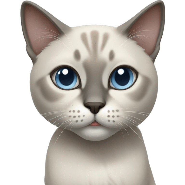 Thai breed cat with a light cream body, dark gray face, ears, and paws. Short fur, sharp ears, and striking light blue eyes with an intense gaze. emoji