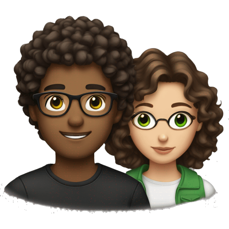 Girl with green eyes and brown curly hair with a guy with glasses, brown eyes, and black curly hair emoji