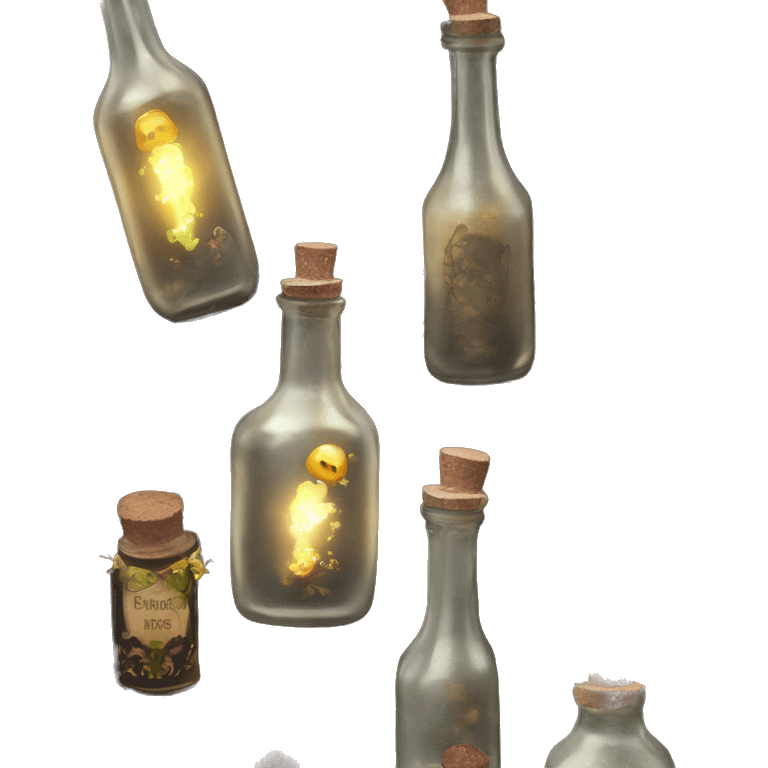 Black magic fairy light sparkling old Antique bottle with poison and with herbal and flowers emoji