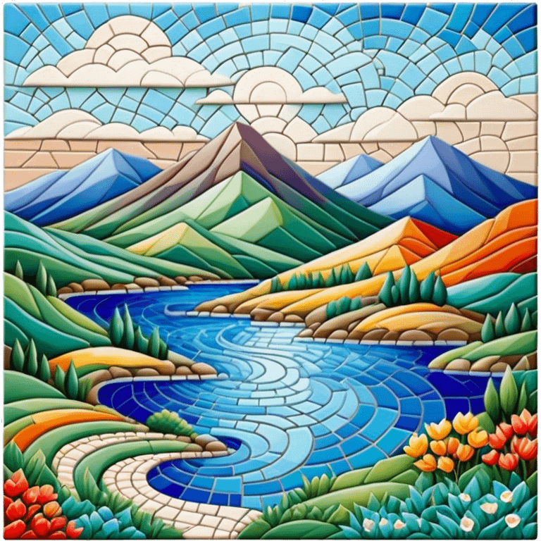 Mosaic art icon, colorful tiles forming a detailed picture, like a landscape, intricate patterns, some tiles in process of placement, minimalistic style, clean lines, transparent background. emoji