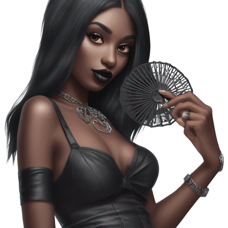 Hyper Realistic Goth victoria secret model holding a Goth style handheld fan emoji