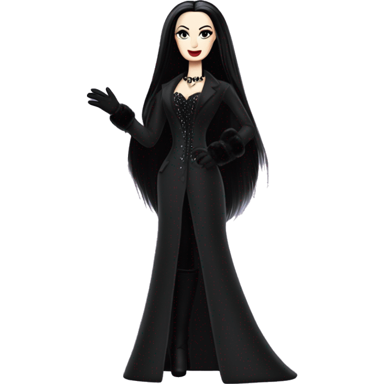 Dazzling Winter Barbie Morticia Addams .  Wearing coat gloves boots  emoji