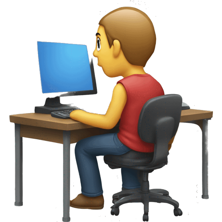 a person editing on a computer, viewed from behind. The person should be seated at a desk, with a computer screen in front of them displaying indistinct editing tools or a timeline.  emoji