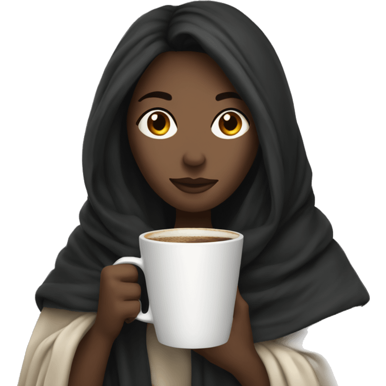 white woman long black hair wrapped in a blanket drinking coffee emoji