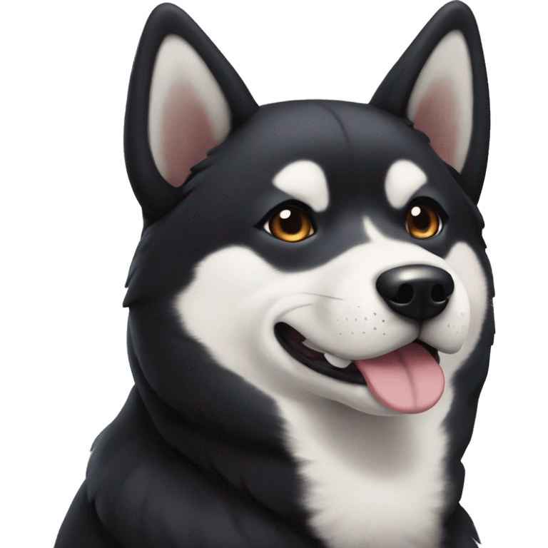 Old black Shiba Inu with white areas of the face resembling a husky emoji