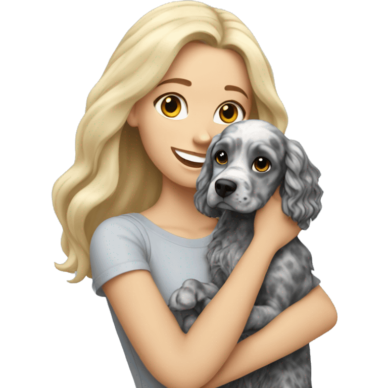 blonde girl holding grey merle cocker spaniel  emoji