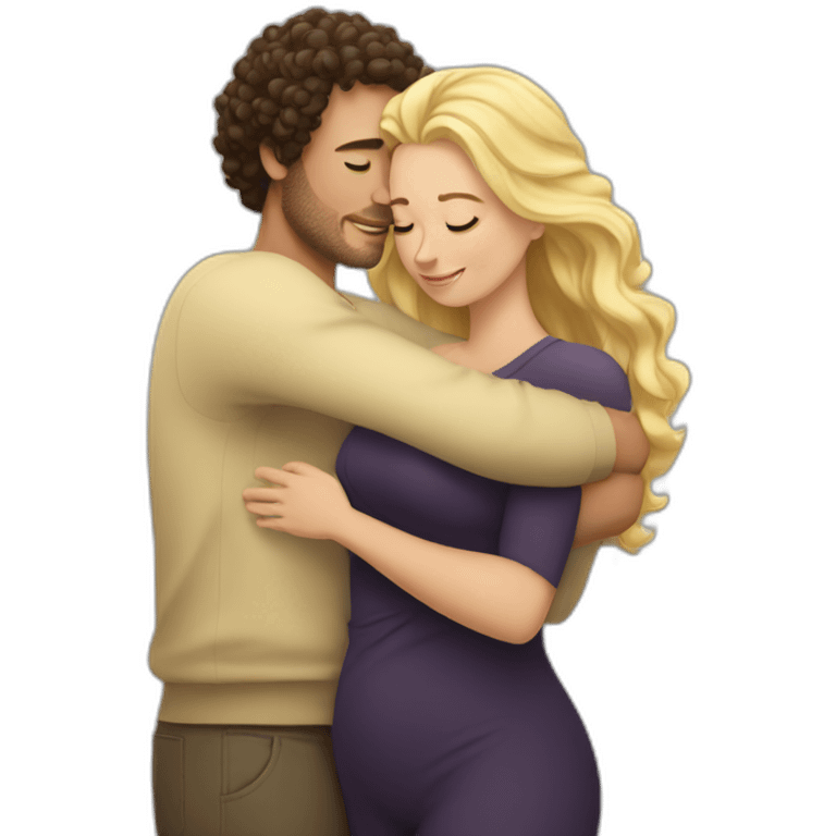 White man with dark curly hair hugging a blonde curvy woman emoji