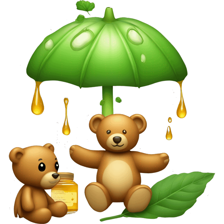 a falling light green leave with honey a fly agaric and a teddy bear emoji