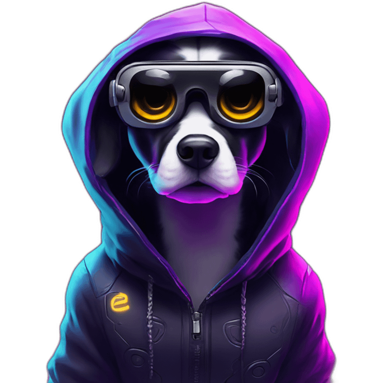 funny dog wearing a black hoodie with "OMG" letters on it and VR headset in a cyberpunk VR environment with violet neon lighting. emoji