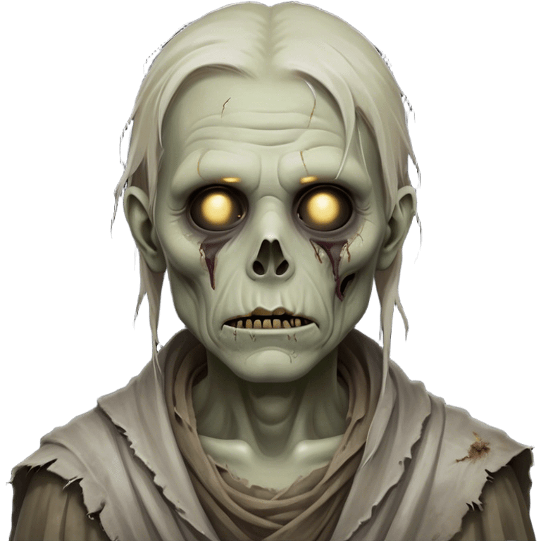 Cinematic Noble Zombie Portrait Emoji, Surprisingly dignified and somber, with a decaying yet strangely regal visage in ashen grays and muted tones, draped in tattered attire hinting at a lost grandeur, simplified yet meticulously detailed, glowing with a soft, eerie radiance and a gentle outline that evokes the tragic nobility of the undead! emoji