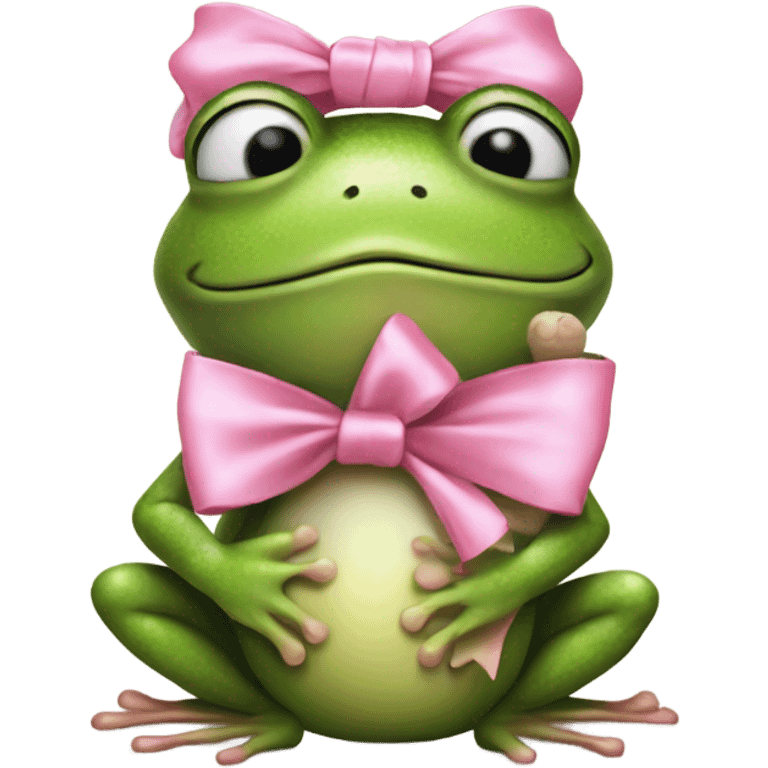 Frog  with pink satin bow on his head holding a small teddybear in his hands emoji