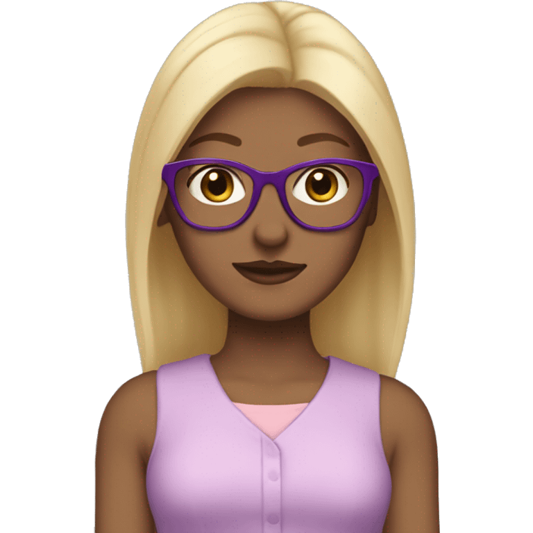 Create a female emoji: white skin, blonde hair, straight and very light below the shoulders, brown eyes, glasses with purple cat-eye frames, light pink jumpsuit. emoji