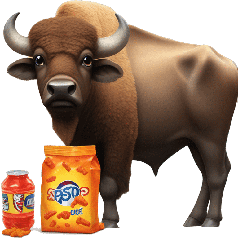 A buffalo on a beautiful beach with a bag of hot Cheetos and a bottle of Pepsi emoji