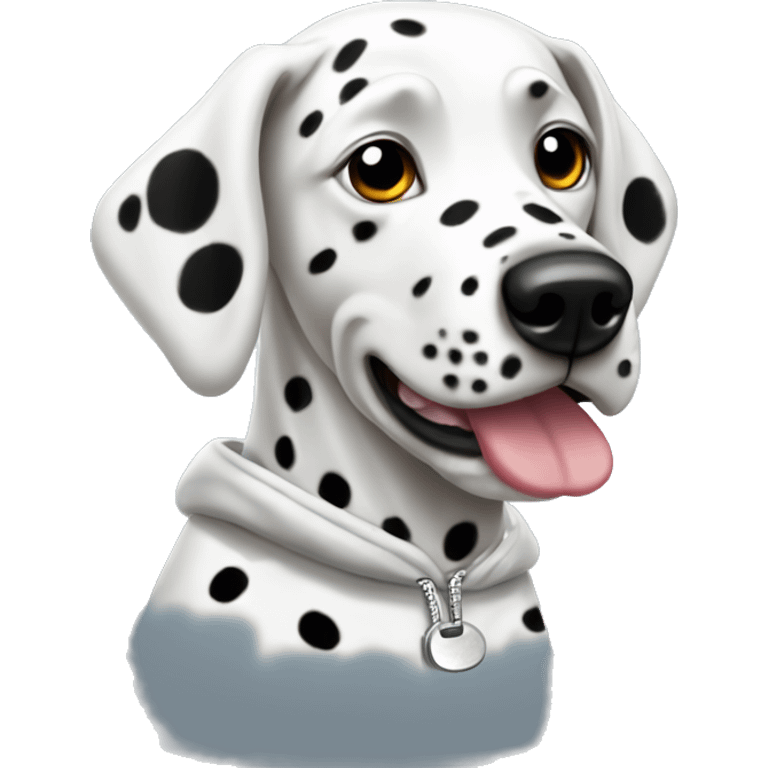 Dalmatian wearing a hoodie with a tongue out emoji