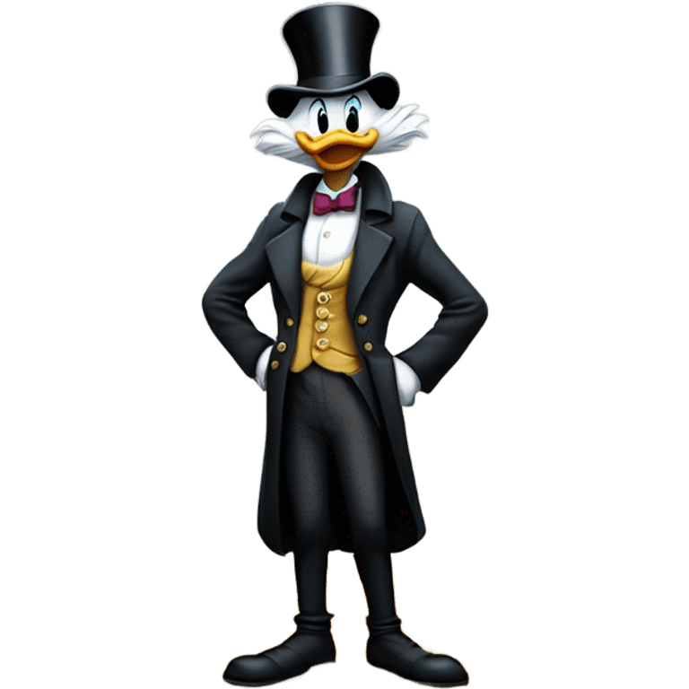 a slim successful looking scrooge mcduck standing atop a pile of money emoji