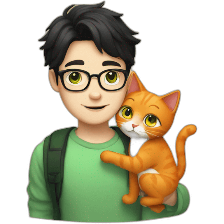 White boy with green eyes, black hair and with glasses hug percian orange cat emoji