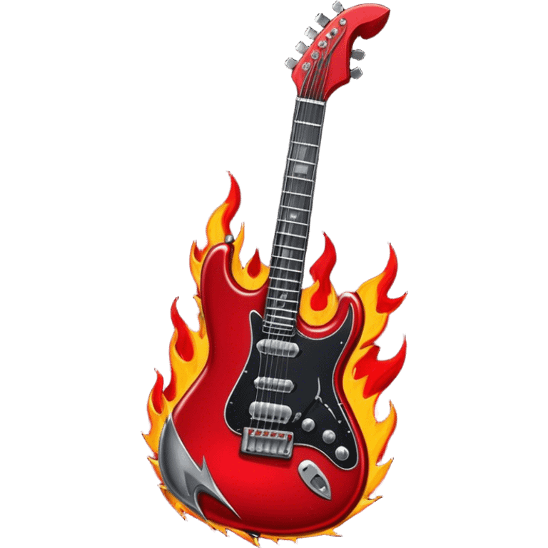 Create a bold and powerful emoji representing rock vocal performance in a humanless collage. The design should feature a vintage microphone at the center, surrounded by a heavy, aggressive hardcore electric guitar with sharp, jagged edges. Include crossed drumsticks behind the guitar, symbolizing the intense rhythm of rock music. Add fiery elements like flames or lightning bolts to enhance the raw energy of the design. Use dark, bold colors like black, red, and silver, with metallic or chrome accents to reflect the rebellious, hard-hitting nature of rock. The background should be transparent. emoji