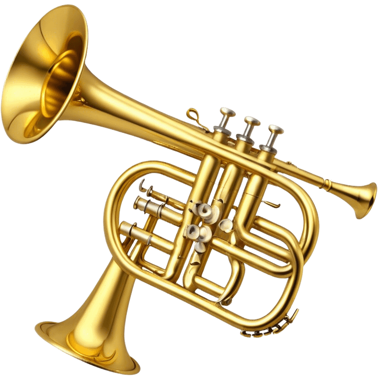 Create a professional and polished emoji representing the Brahner trumpet. The design should showcase the shiny brass body of the trumpet, with its distinct valves and bell. Highlight the smooth curves of the tubing and the elegant flared bell at the end. The valves should be visible with their metal buttons, and the mouthpiece should be positioned at the top of the instrument. Use bright gold and brass tones with reflective light effects to emphasize the trumpet’s polished, high-quality finish. Add subtle musical notes around the trumpet to evoke its bright, bold sound. The background should be transparent. emoji