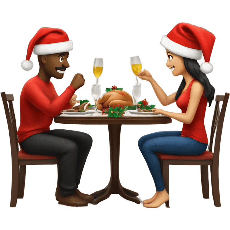 emoji Sports couple , a man and a woman in sportswear, sitting at the Christmas dinner table with a red Christmas hat emoji