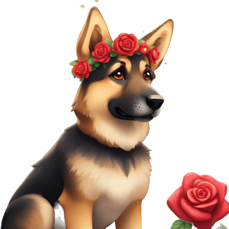 Midnight starry night stars dark Brindled German shepherd fox carrying glowing red lantern, fairy lights, rose flower crown, bokeh lights, out of focus blur emoji