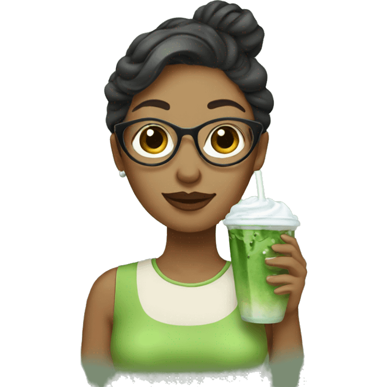 Lady drinking iced matcha Latte  emoji