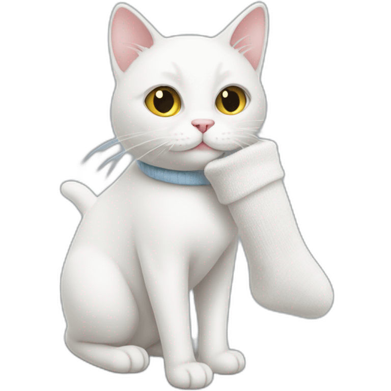 White cat carrying a sock on his mouth emoji