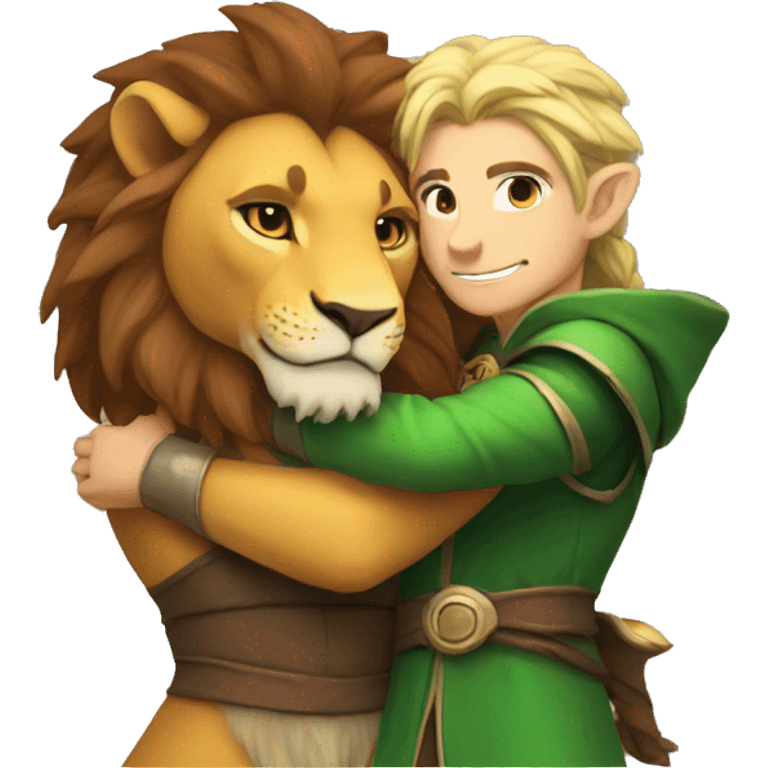 A lion and an elf mage hugging emoji