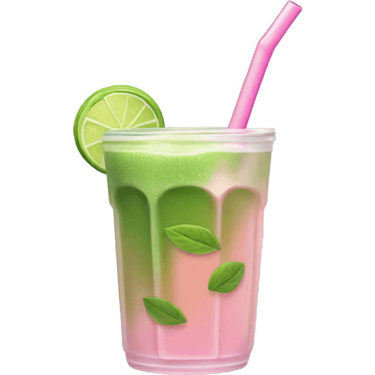 Matcha ice tea with light ice and pink straw emoji