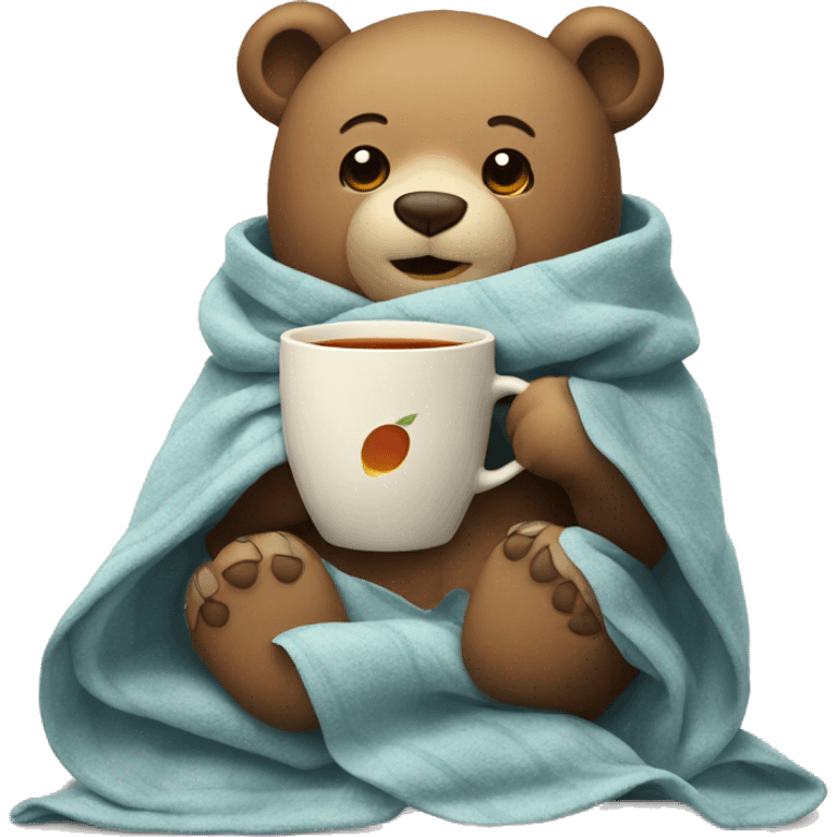 A cute bear wrapped in a blanket with a cup of tea in his hand. emoji