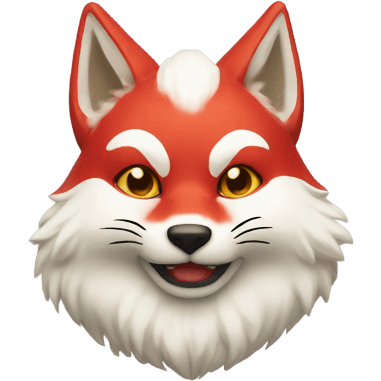 red kitsune mask, fluffy ears, slight smile emoji