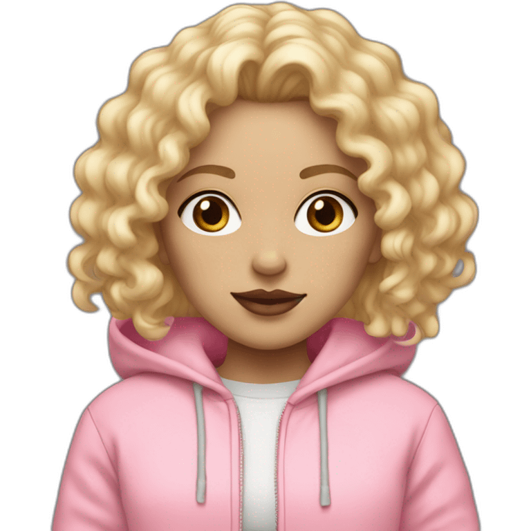 Girl with a White skin and curly blond hair and pastel pink hoodie and lipstick pink  emoji