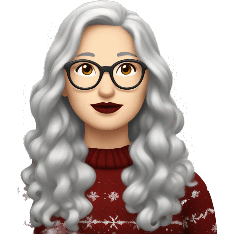 Attractive Caucasian woman with long grey hair, wearing wire frame glasses, dark red lipstick, and a christmas sweater, she has a chubby face but isn't fat emoji