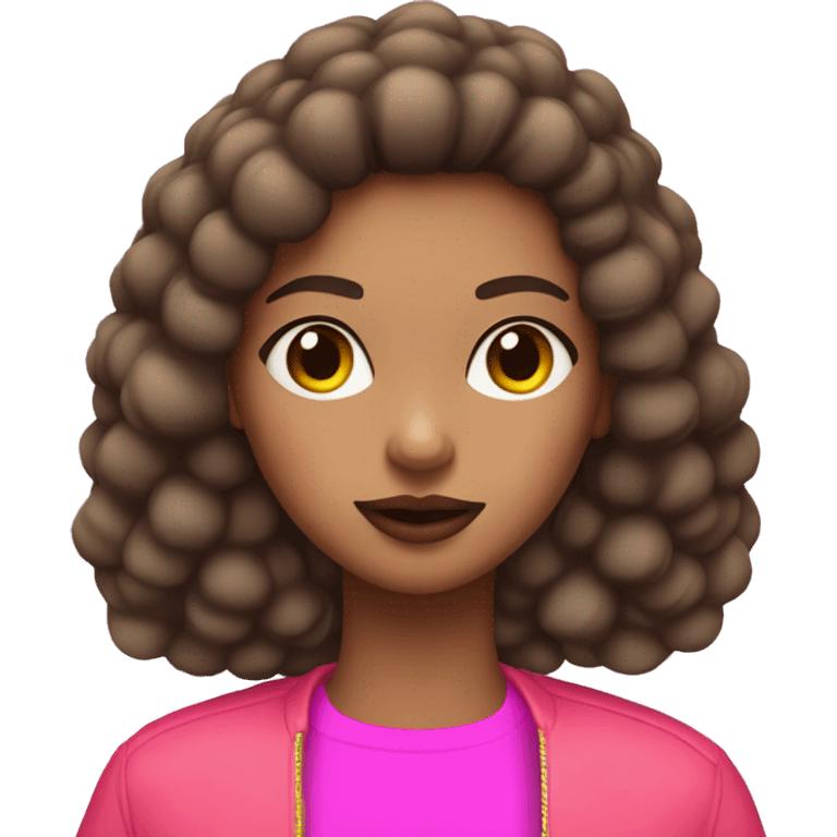 Girl with Brown hair and skin with longo pompom in hair with Pink shirt and neon jacket and Lipstick  emoji