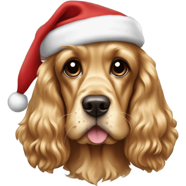 golden English cocker spaniel wearing a Santa hat emoji