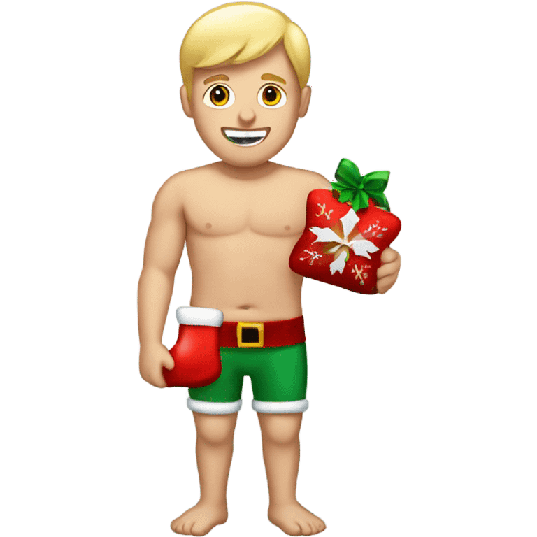 Shirtless blonde male holding a christmas stocking in his hands emoji