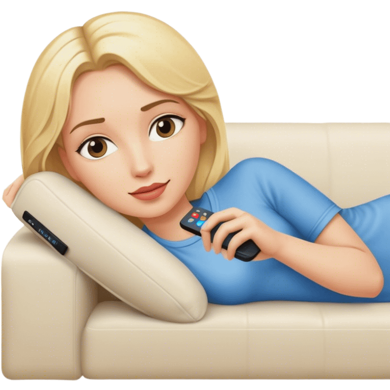 a blonde woman laying in a coach with a remote in her hand emoji