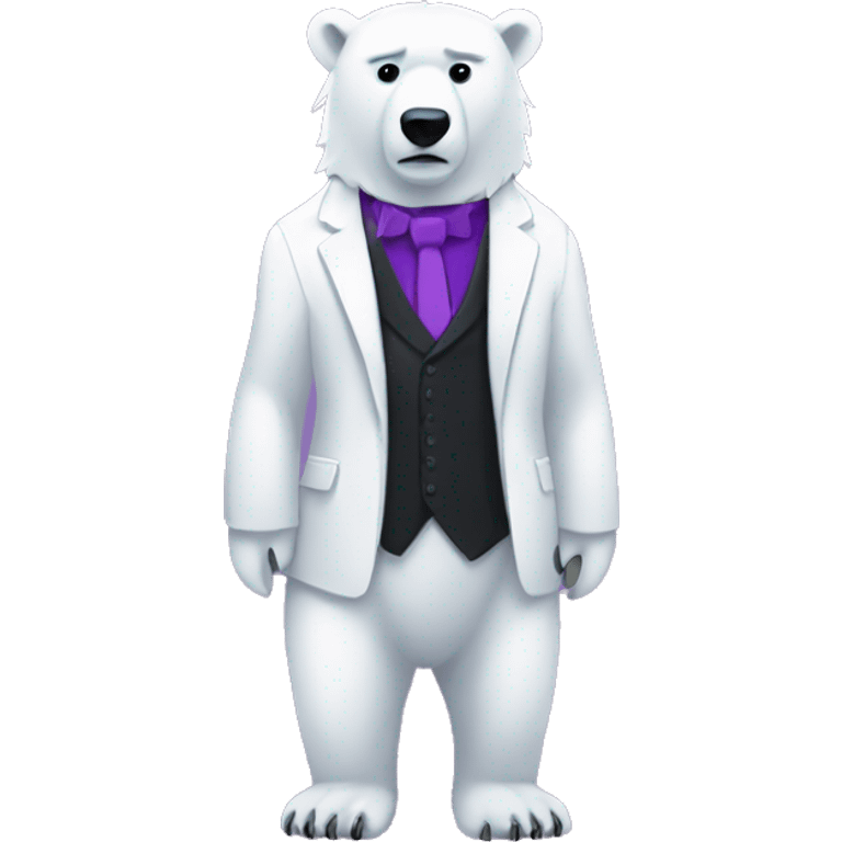 knarfy the polar bear in a black suit with a purple shirt under it on a squar plane with pixels. emoji