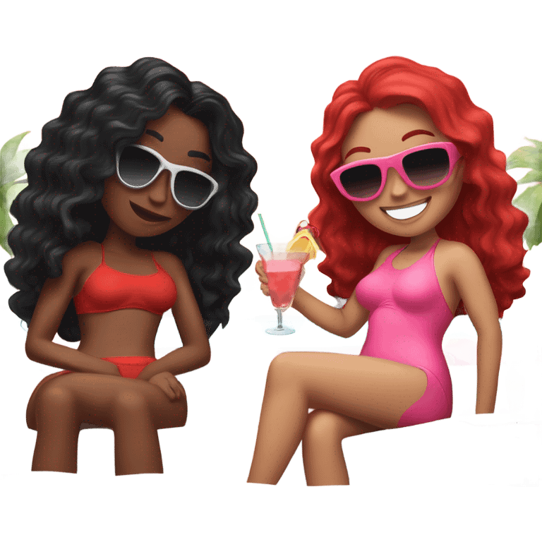 Two girls. One of them with long black wavy hair, sunglasses on, red swimming suit, another one is red hair, pink swimming suit, both drink cocktails and laying on the outdoor couch  emoji