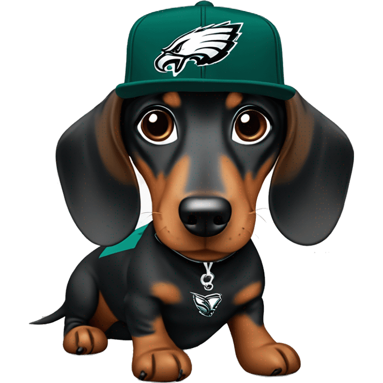 Miniature Dapple Dachshund wearing Philadelphia Eagles Hat with C on Jersey emoji