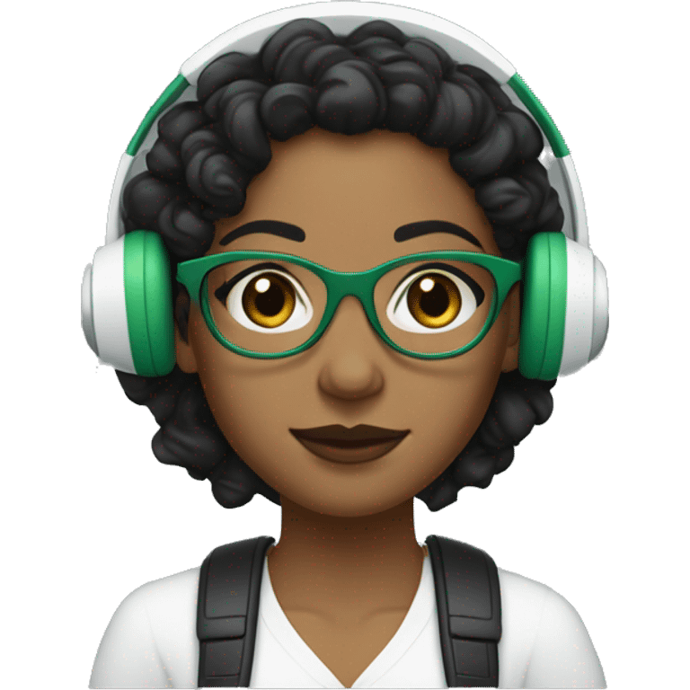 a woman with light brown skin, black eyes and black short curly black hear, wearing white headphones and glasses with a green frame, small freckles emoji