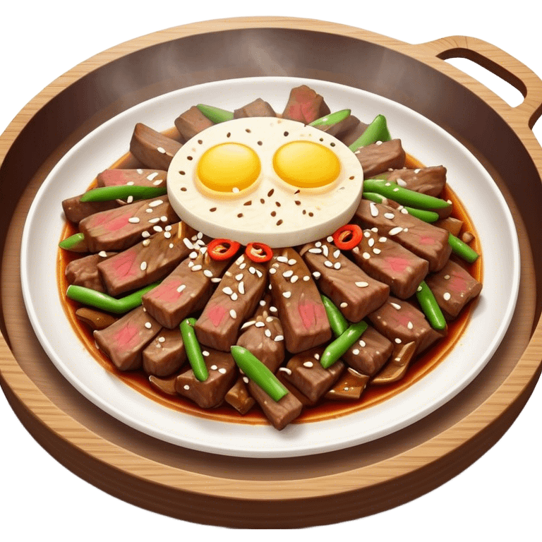 Bulgogi Cinematic Realistic Bulgogi Dish Emoji, depicted as thinly sliced, marinated beef stir-fried to perfection, rendered with dynamic textures and vibrant, appetizing lighting. emoji