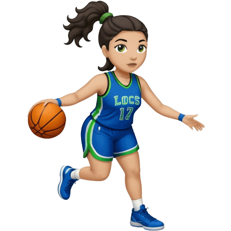 full body plus size light skin latino women basketball player with wavy dark hair in pony tail wide nose wearing blue uniform with green accent emoji