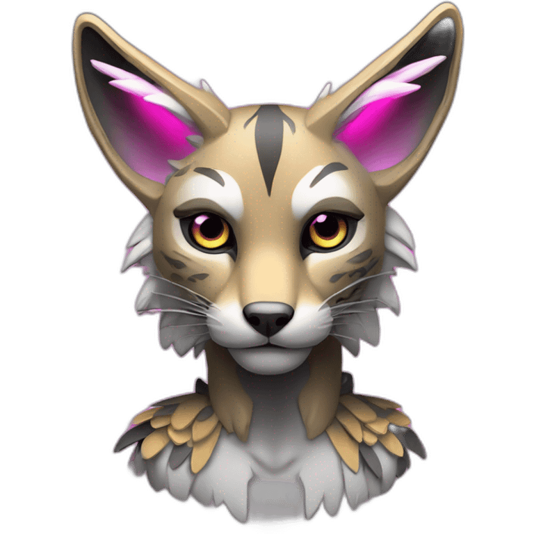 Coyote ocelot standing with grey and black fur and phoenix wings on back and pink ears half skeleton injured nose and face, neon lights emoji