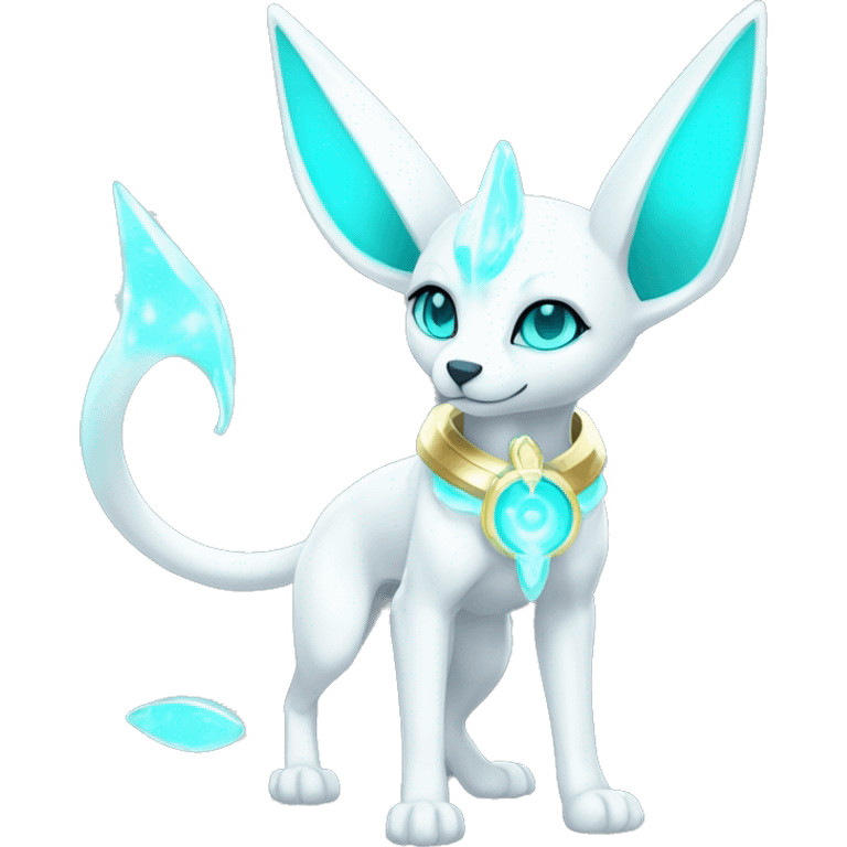 Shiny White Angelic Godly Ethereal Majestic Electric Albino Umbreon. cyan eyes and cyan markings. Golden Anubis-rings. full body emoji