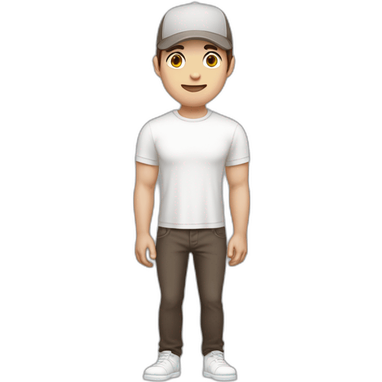 Pale skinned fit Man with dark brown hair in a light gray cap, dark brown jeans, brown polo and white T-shirt keeping a pasted with tape white box into his hands emoji