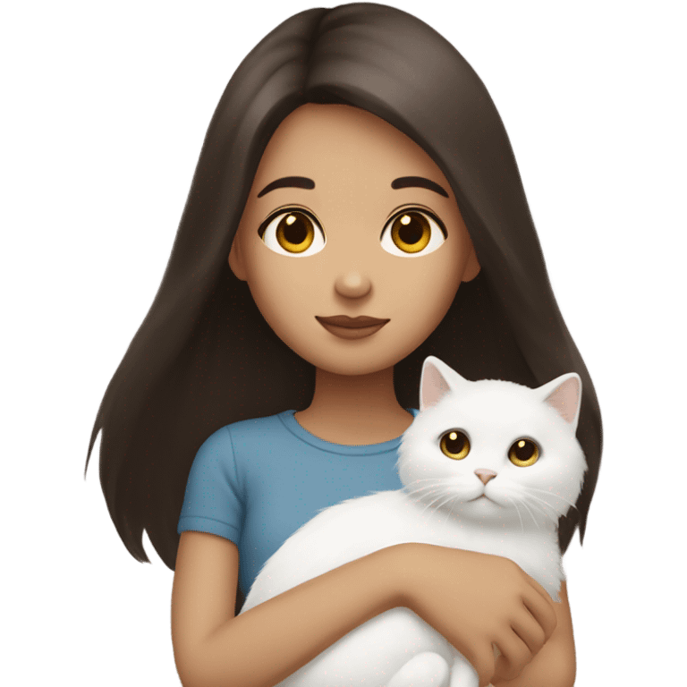 Dark brown straight hair girl holding white fluffy cat  emoji