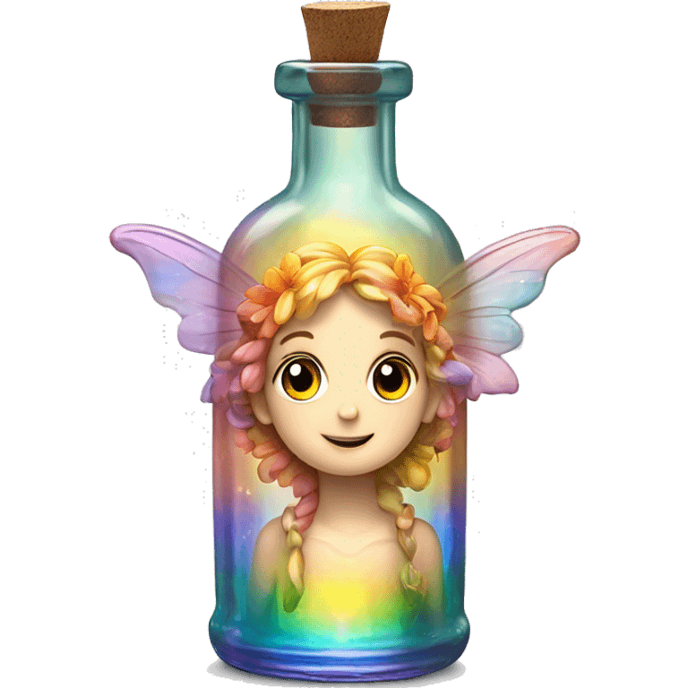 Antique oil bottle made of crystal glass of all gentle colors of the light rainbow, a living flower fairy sits at the bottom of the bottle emoji