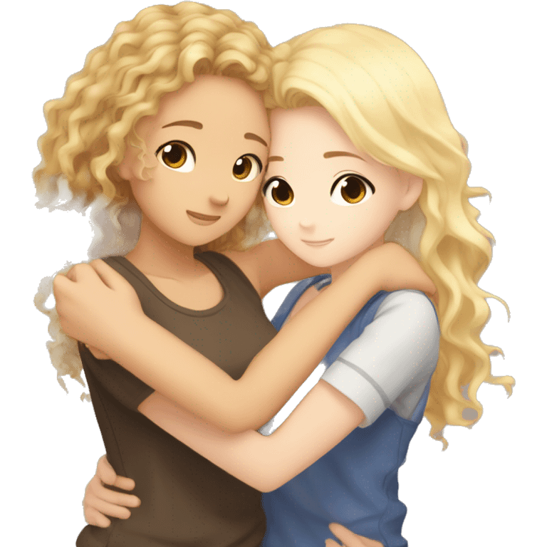 One girl with light skin withe brown curly hair and another girl with straight blonde hair hugging each other anime  emoji